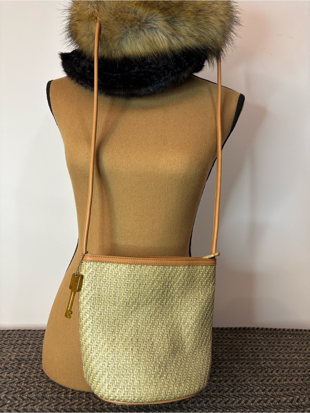 Fossil Cream Woven Crossbody with Tan Trim